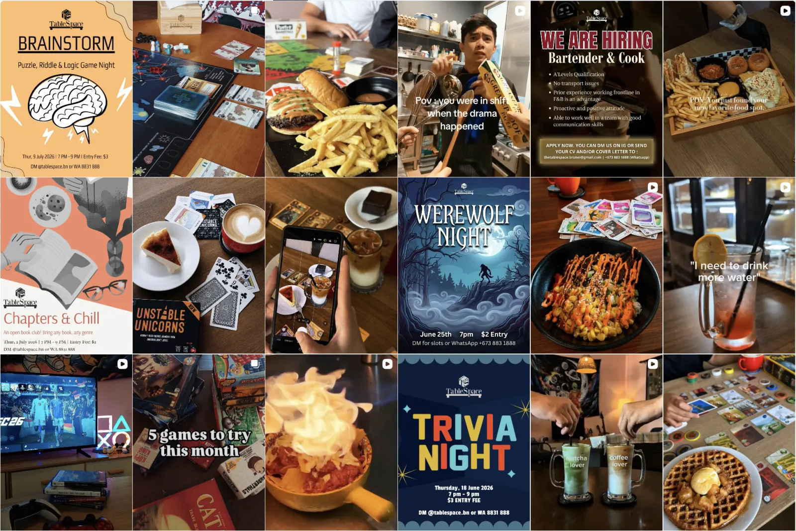 Tablespace's Instagram grid — event posters, food shots, board-game nights and POV reels