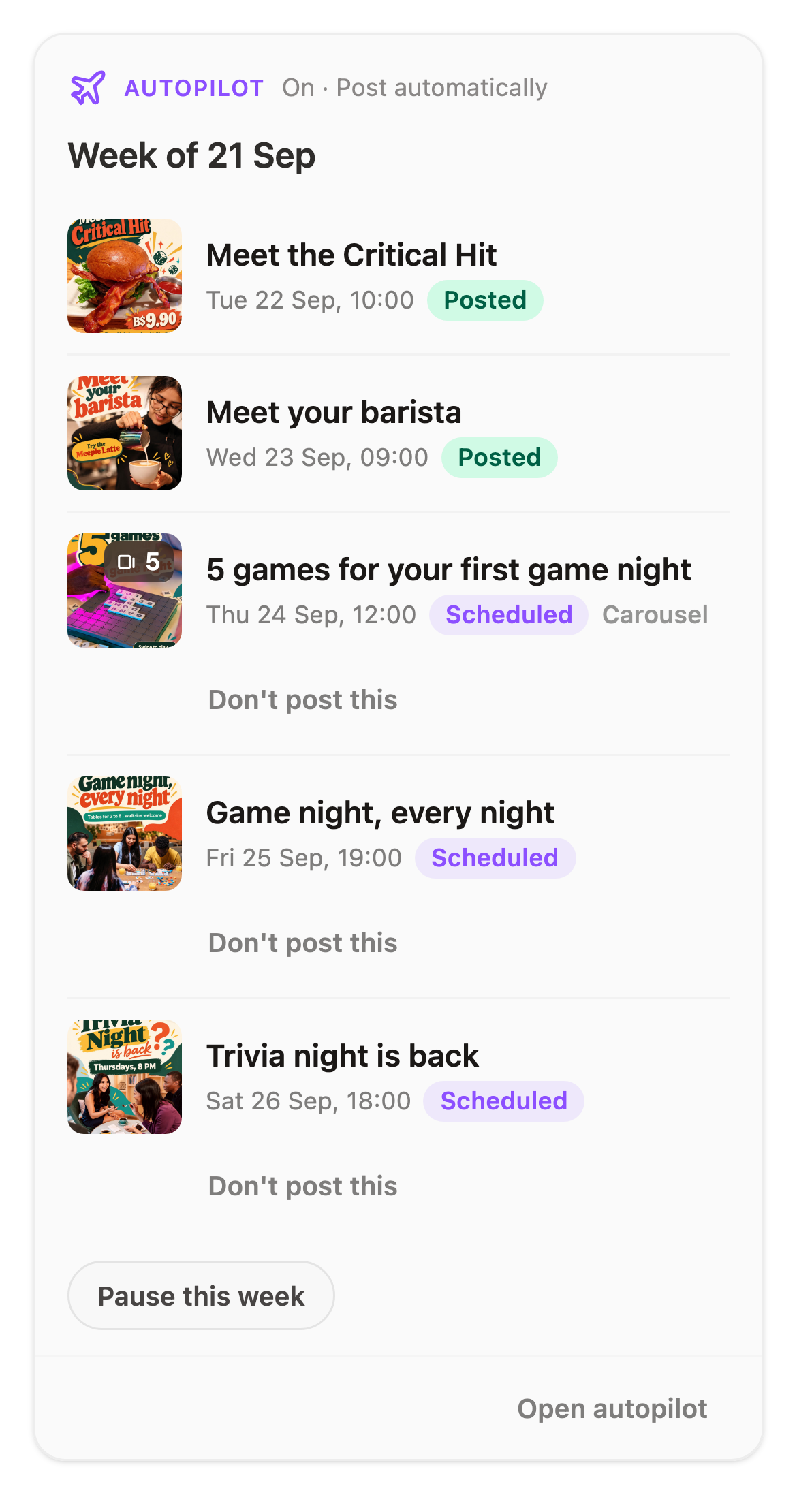 This week's Autopilot posts in Post automatically: two posted, three scheduled, nothing waiting
