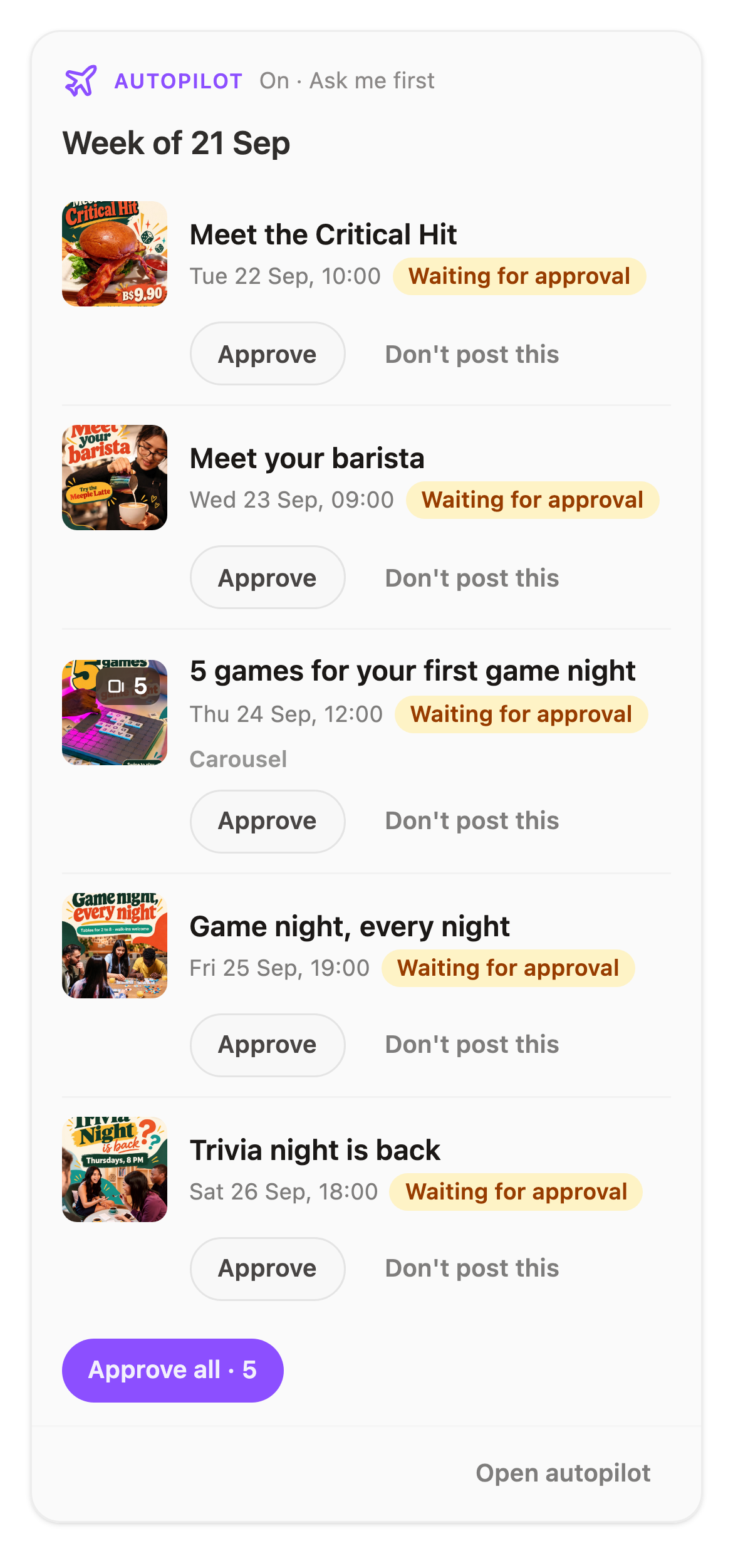 This week's five Autopilot posts in Ask me first, all waiting for approval, with Approve all · 5